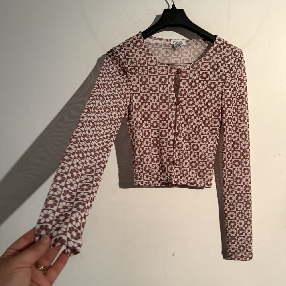Y2K Rue 21 XS Indie Sleeze Mesh Crop Floral Checkerboard Retro Revival Brown